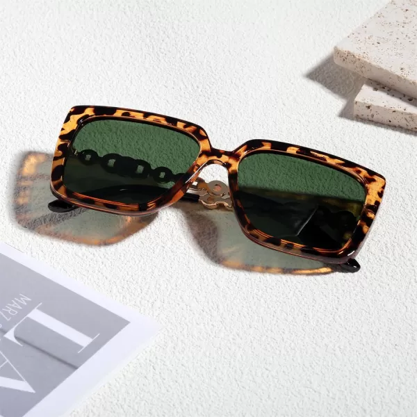FEISEDY Trendy Polarized Cateye Sunglasses Womens Vintage Oversized Square Sunglasses UV400 Protection B0003Leopard Frame Dark Green Lens