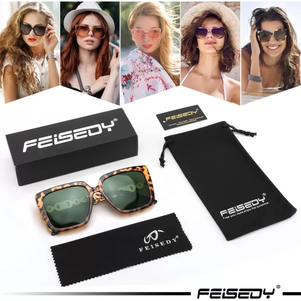 FEISEDY Trendy Polarized Cateye Sunglasses Womens Vintage Oversized Square Sunglasses UV400 Protection B0003Leopard Frame Dark Green Lens