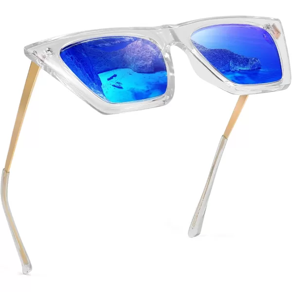 FEISEDY Vintage Polarized Square Cat Eye Sunglasses Women Trendy Fashion Cateye Polarized Sunglasses B2692Clear FrameBlue Mirrored Lenses