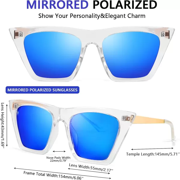 FEISEDY Vintage Polarized Square Cat Eye Sunglasses Women Trendy Fashion Cateye Polarized Sunglasses B2692Clear FrameBlue Mirrored Lenses