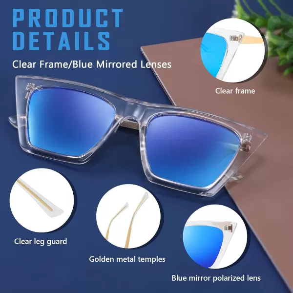 FEISEDY Vintage Polarized Square Cat Eye Sunglasses Women Trendy Fashion Cateye Polarized Sunglasses B2692Clear FrameBlue Mirrored Lenses