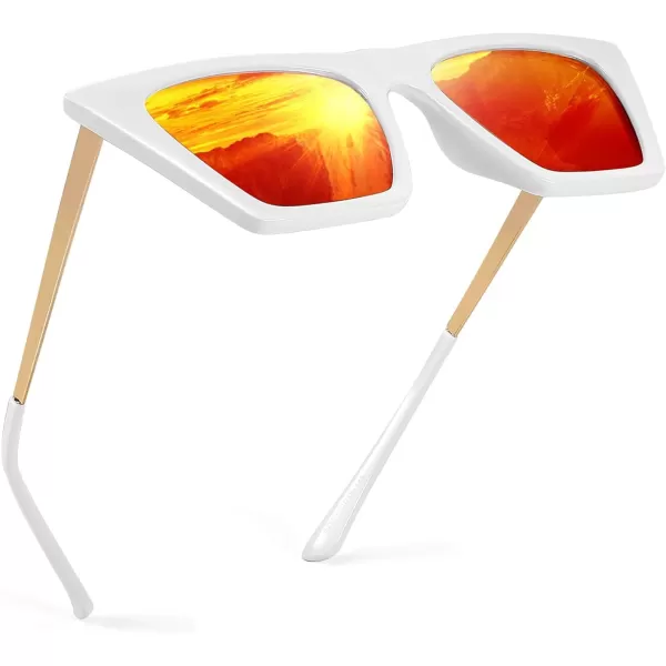 FEISEDY Vintage Polarized Square Cat Eye Sunglasses Women Trendy Fashion Cateye Polarized Sunglasses B2692White FrameRed Mirrored Lenses