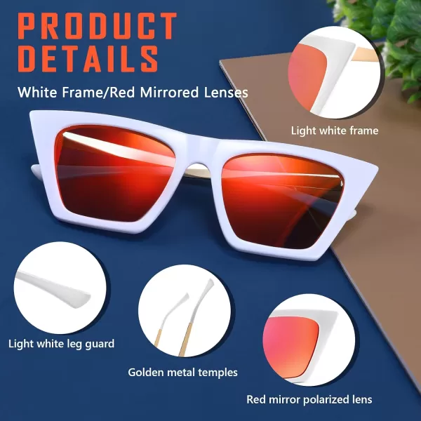 FEISEDY Vintage Polarized Square Cat Eye Sunglasses Women Trendy Fashion Cateye Polarized Sunglasses B2692White FrameRed Mirrored Lenses