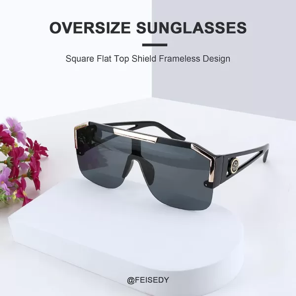 FEISEDY Women Men Sunglasse Square Flat Top Big Frame UV400 Sun Glasses Oversized B2765Black
