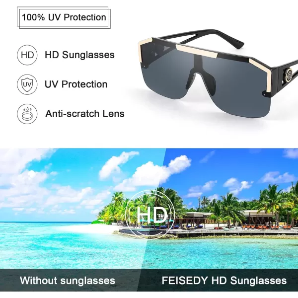 FEISEDY Women Men Sunglasse Square Flat Top Big Frame UV400 Sun Glasses Oversized B2765Black