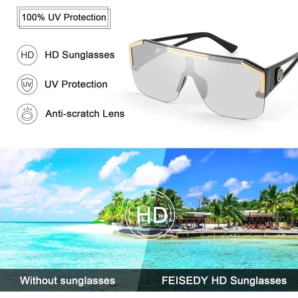 FEISEDY Women Men Sunglasse Square Flat Top Big Frame UV400 Sun Glasses Oversized B2765Black Frame Grey Lens