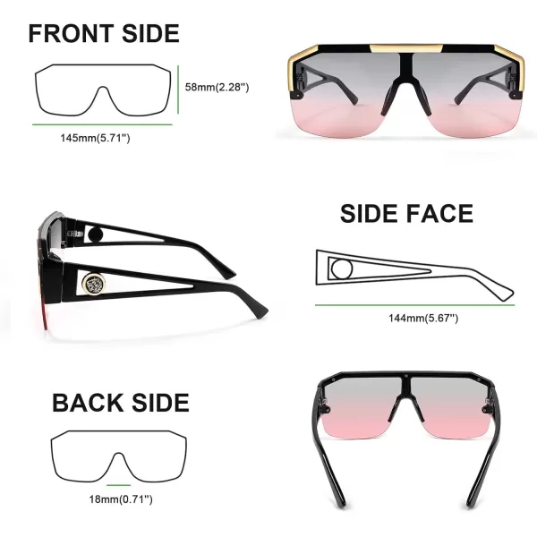 FEISEDY Women Men Sunglasse Square Flat Top Big Frame UV400 Sun Glasses Oversized B2765Black Frame Grey Pink Lens