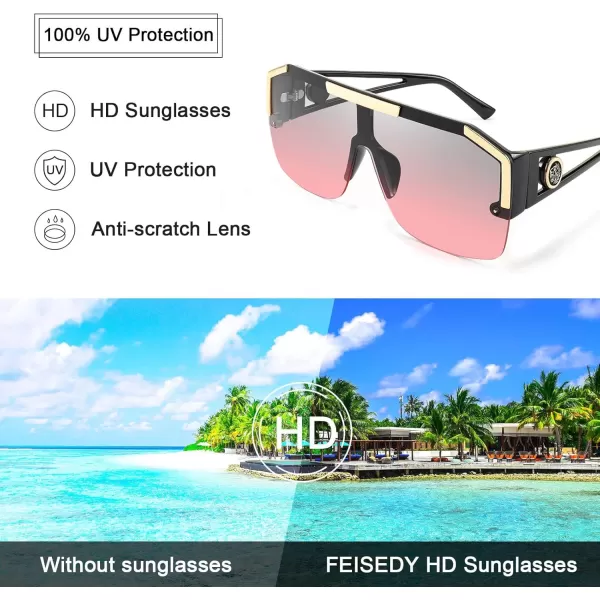 FEISEDY Women Men Sunglasse Square Flat Top Big Frame UV400 Sun Glasses Oversized B2765Black Frame Grey Pink Lens