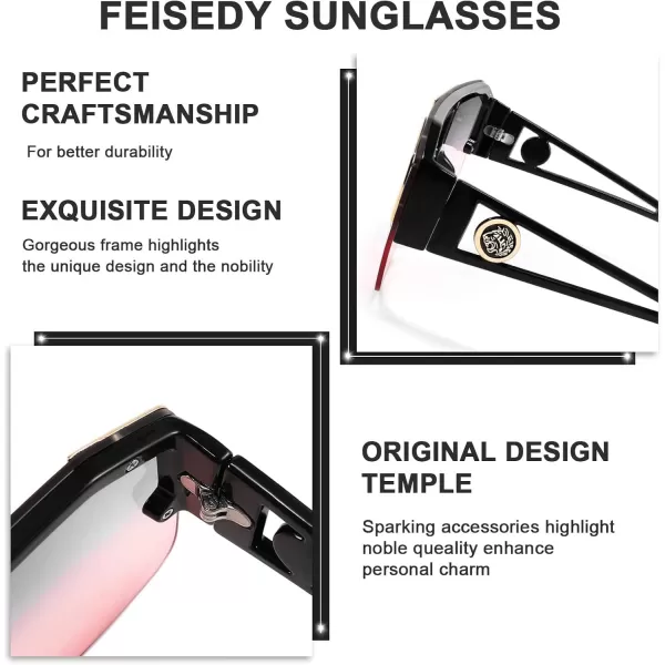 FEISEDY Women Men Sunglasse Square Flat Top Big Frame UV400 Sun Glasses Oversized B2765Black Frame Grey Pink Lens