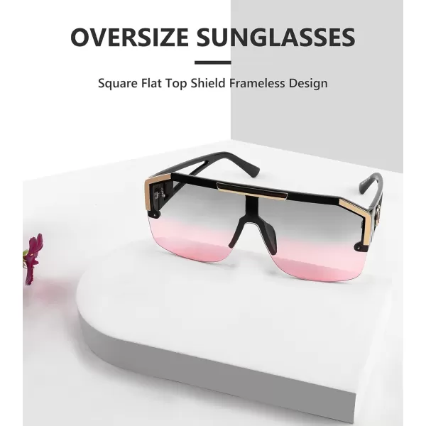 FEISEDY Women Men Sunglasse Square Flat Top Big Frame UV400 Sun Glasses Oversized B2765Black Frame Grey Pink Lens