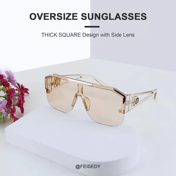 FEISEDY Women Men Sunglasse Square Flat Top Big Frame UV400 Sun Glasses Oversized B2765Champagne Pink