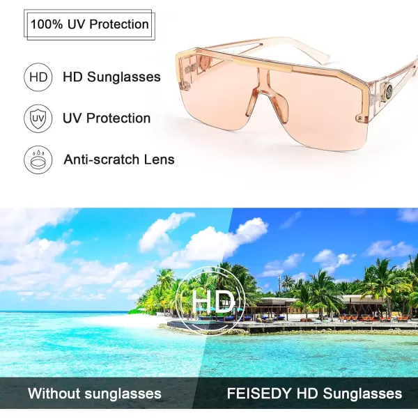 FEISEDY Women Men Sunglasse Square Flat Top Big Frame UV400 Sun Glasses Oversized B2765Champagne Pink