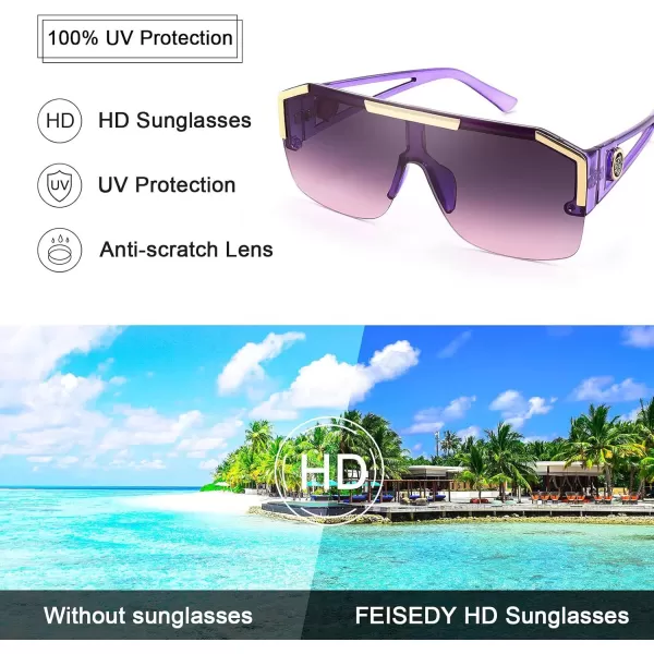 FEISEDY Women Men Sunglasse Square Flat Top Big Frame UV400 Sun Glasses Oversized B2765Crystal Violet