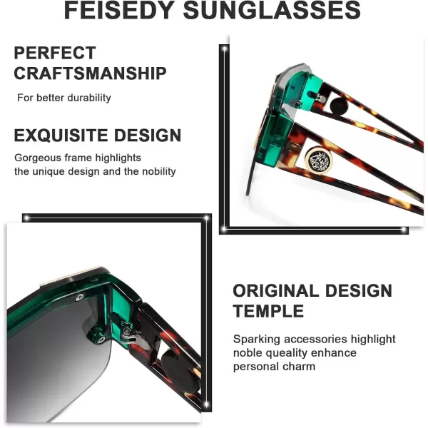 FEISEDY Women Men Sunglasse Square Flat Top Big Frame UV400 Sun Glasses Oversized B2765Green Frame Gradient Grey Lens