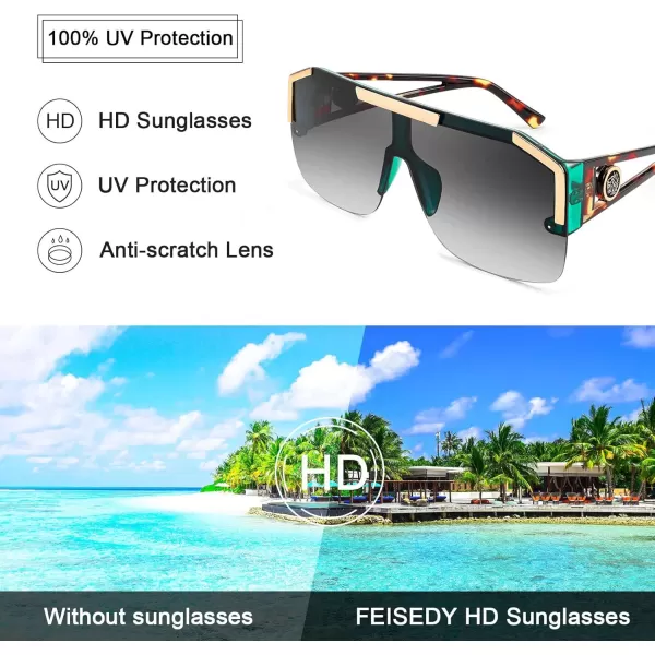 FEISEDY Women Men Sunglasse Square Flat Top Big Frame UV400 Sun Glasses Oversized B2765Green Frame Gradient Grey Lens