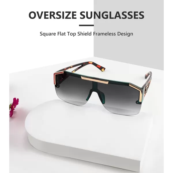 FEISEDY Women Men Sunglasse Square Flat Top Big Frame UV400 Sun Glasses Oversized B2765Green Frame Gradient Grey Lens