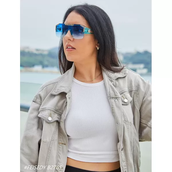 FEISEDY Women Men Sunglasse Square Flat Top Big Frame UV400 Sun Glasses Oversized B2765Light Blue