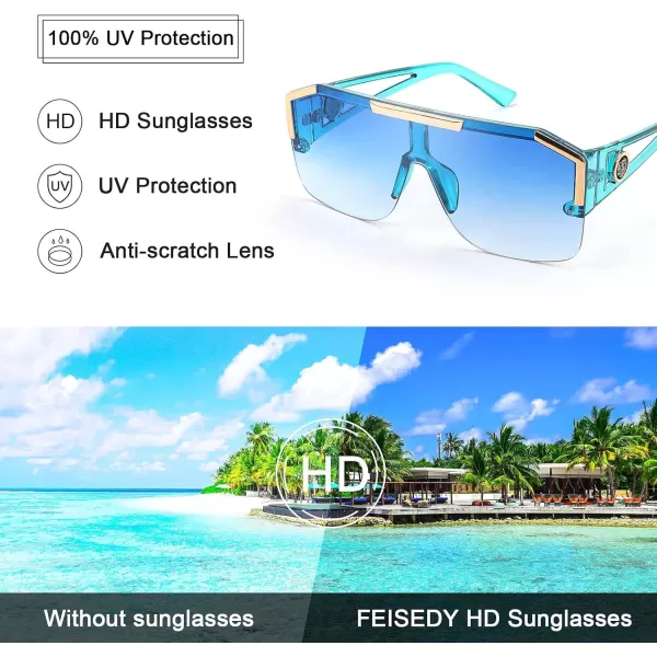 FEISEDY Women Men Sunglasse Square Flat Top Big Frame UV400 Sun Glasses Oversized B2765Light Blue