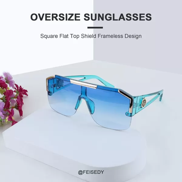 FEISEDY Women Men Sunglasse Square Flat Top Big Frame UV400 Sun Glasses Oversized B2765Light Blue