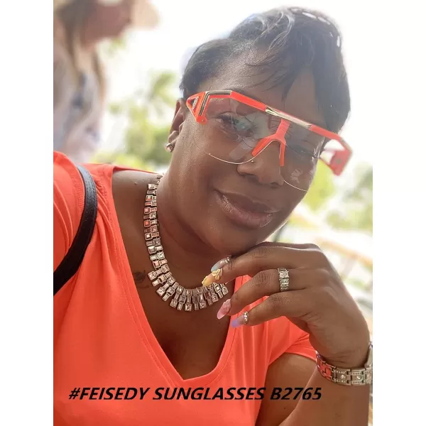 FEISEDY Women Men Sunglasse Square Flat Top Big Frame UV400 Sun Glasses Oversized B2765Orange Frame