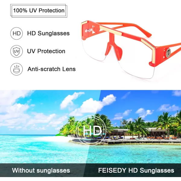 FEISEDY Women Men Sunglasse Square Flat Top Big Frame UV400 Sun Glasses Oversized B2765Orange Frame