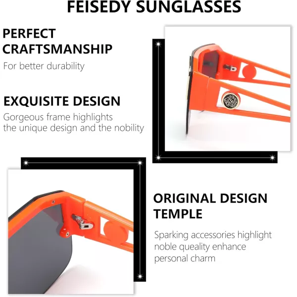 FEISEDY Women Men Sunglasse Square Flat Top Big Frame UV400 Sun Glasses Oversized B2765Orange Frame With Grey Lens