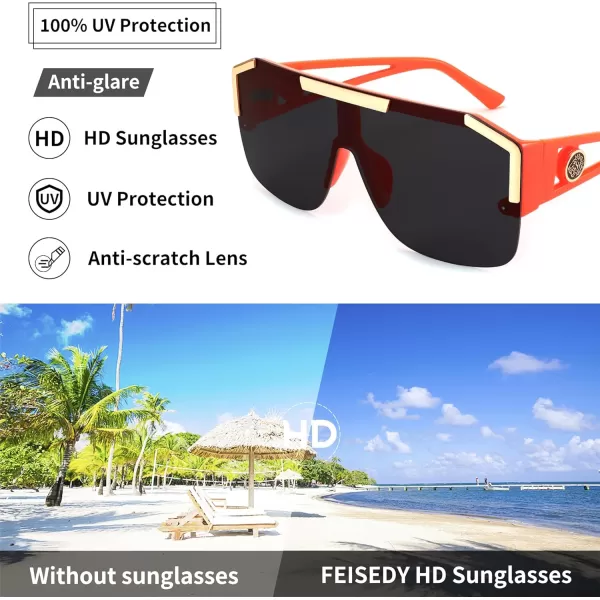 FEISEDY Women Men Sunglasse Square Flat Top Big Frame UV400 Sun Glasses Oversized B2765Orange Frame With Grey Lens