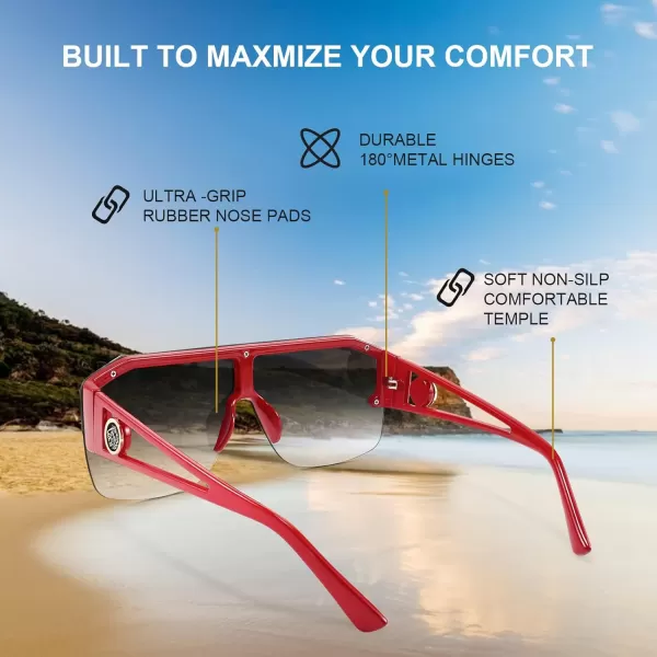 FEISEDY Women Men Sunglasse Square Flat Top Big Frame UV400 Sun Glasses Oversized B2765Red Frame Gradient Grey Lens