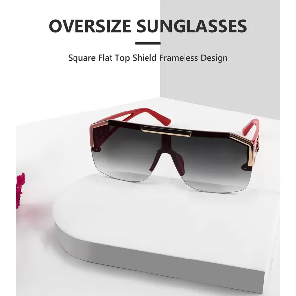 FEISEDY Women Men Sunglasse Square Flat Top Big Frame UV400 Sun Glasses Oversized B2765Red Frame Gradient Grey Lens