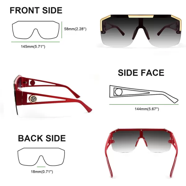 FEISEDY Women Men Sunglasse Square Flat Top Big Frame UV400 Sun Glasses Oversized B2765Red Frame Gradient Grey Lens