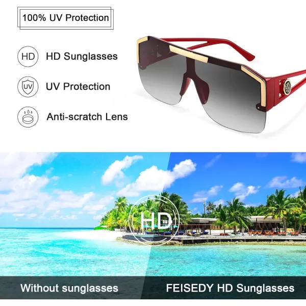 FEISEDY Women Men Sunglasse Square Flat Top Big Frame UV400 Sun Glasses Oversized B2765Wine Frame Gradient Grey Lens