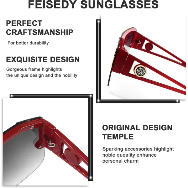 FEISEDY Women Men Sunglasse Square Flat Top Big Frame UV400 Sun Glasses Oversized B2765Wine Frame Gradient Grey Lens