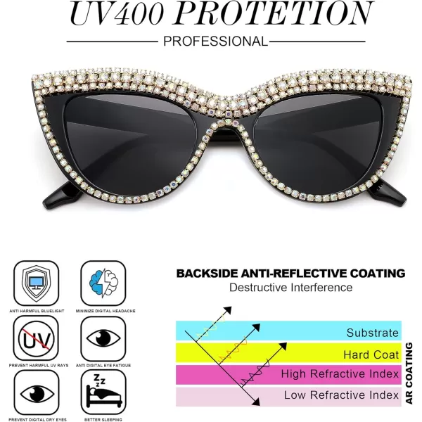 FEISEDY Women Oversized Diamond Sunglasses Fashion Cat Eye Rhinestone Sunglasses Jeweled Frame Costume Party B2360Black Colored Diamond