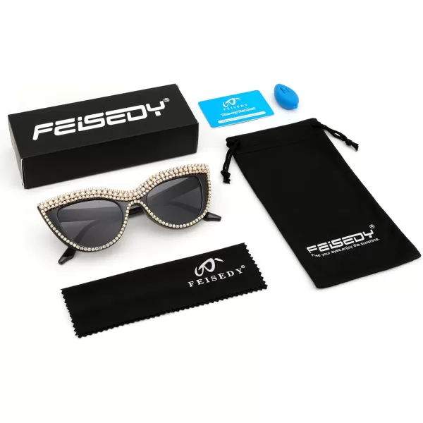 FEISEDY Women Oversized Diamond Sunglasses Fashion Cat Eye Rhinestone Sunglasses Jeweled Frame Costume Party B2360Black Colored Diamond