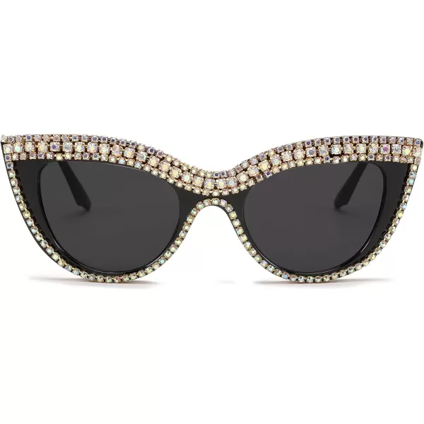 FEISEDY Women Oversized Diamond Sunglasses Fashion Cat Eye Rhinestone Sunglasses Jeweled Frame Costume Party B2360Black Colored Diamond