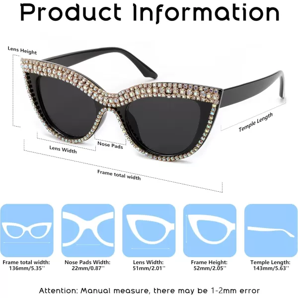 FEISEDY Women Oversized Diamond Sunglasses Fashion Cat Eye Rhinestone Sunglasses Jeweled Frame Costume Party B2360Black Colored Diamond