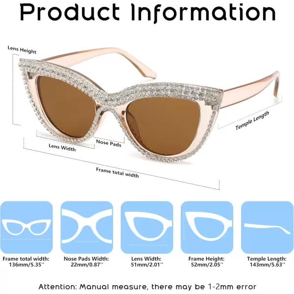 FEISEDY Women Oversized Diamond Sunglasses Fashion Cat Eye Rhinestone Sunglasses Jeweled Frame Costume Party B2360Champagne Stripe Diamond