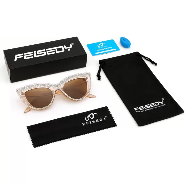 FEISEDY Women Oversized Diamond Sunglasses Fashion Cat Eye Rhinestone Sunglasses Jeweled Frame Costume Party B2360Champagne Stripe Diamond