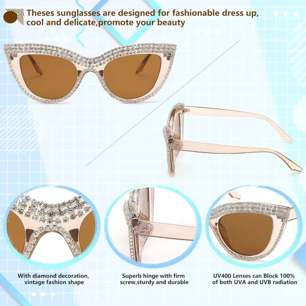 FEISEDY Women Oversized Diamond Sunglasses Fashion Cat Eye Rhinestone Sunglasses Jeweled Frame Costume Party B2360Champagne Stripe Diamond