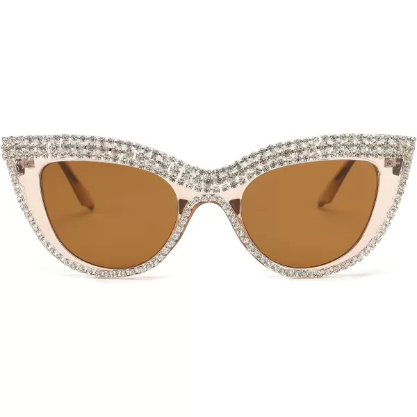 FEISEDY Women Oversized Diamond Sunglasses Fashion Cat Eye Rhinestone Sunglasses Jeweled Frame Costume Party B2360Champagne Stripe Diamond
