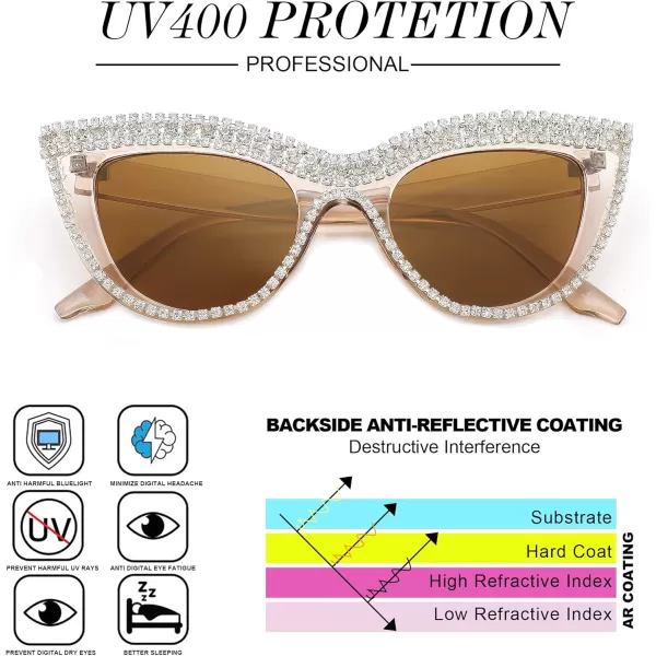 FEISEDY Women Oversized Diamond Sunglasses Fashion Cat Eye Rhinestone Sunglasses Jeweled Frame Costume Party B2360Champagne Stripe Diamond