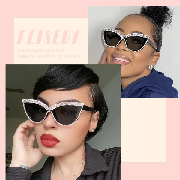 FEISEDY Women Oversized Diamond Sunglasses Fashion Cat Eye Rhinestone Sunglasses Jeweled Frame Costume Party B2360Flower Diamond