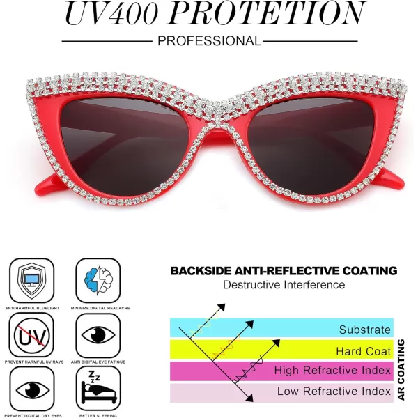 FEISEDY Women Oversized Diamond Sunglasses Fashion Cat Eye Rhinestone Sunglasses Jeweled Frame Costume Party B2360Red Stripe Diamond
