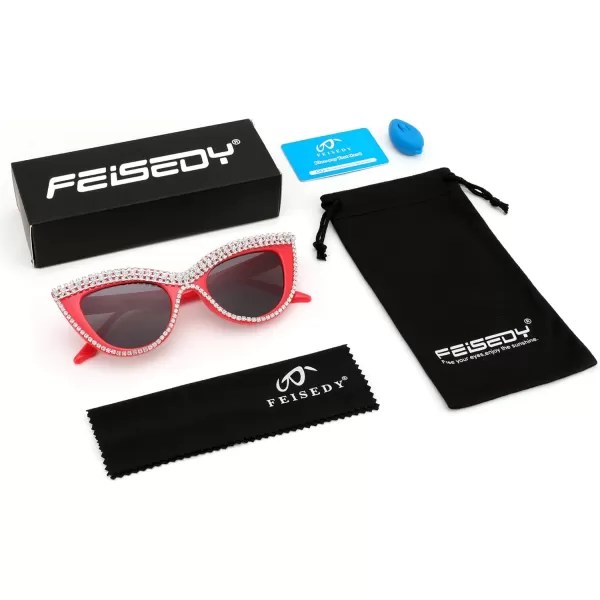 FEISEDY Women Oversized Diamond Sunglasses Fashion Cat Eye Rhinestone Sunglasses Jeweled Frame Costume Party B2360Red Stripe Diamond