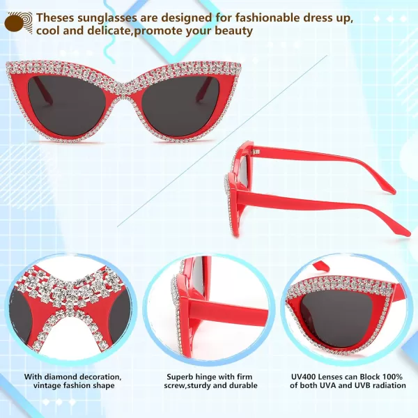 FEISEDY Women Oversized Diamond Sunglasses Fashion Cat Eye Rhinestone Sunglasses Jeweled Frame Costume Party B2360Red Stripe Diamond