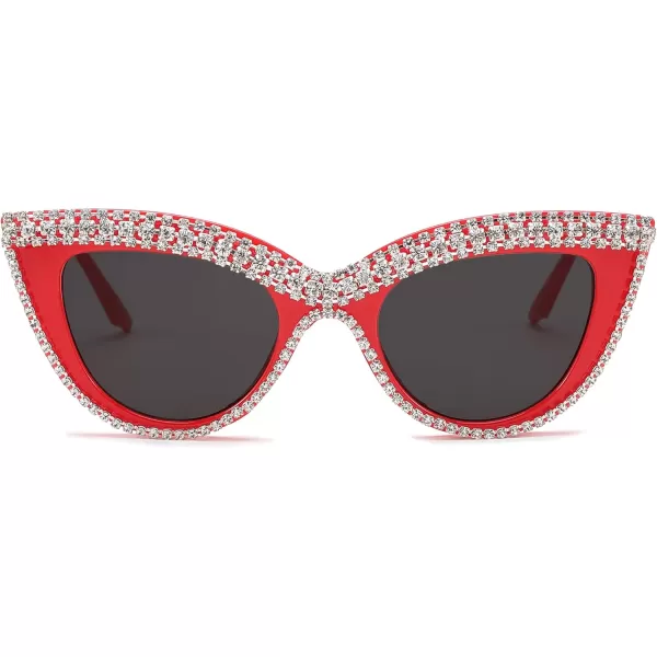 FEISEDY Women Oversized Diamond Sunglasses Fashion Cat Eye Rhinestone Sunglasses Jeweled Frame Costume Party B2360Red Stripe Diamond