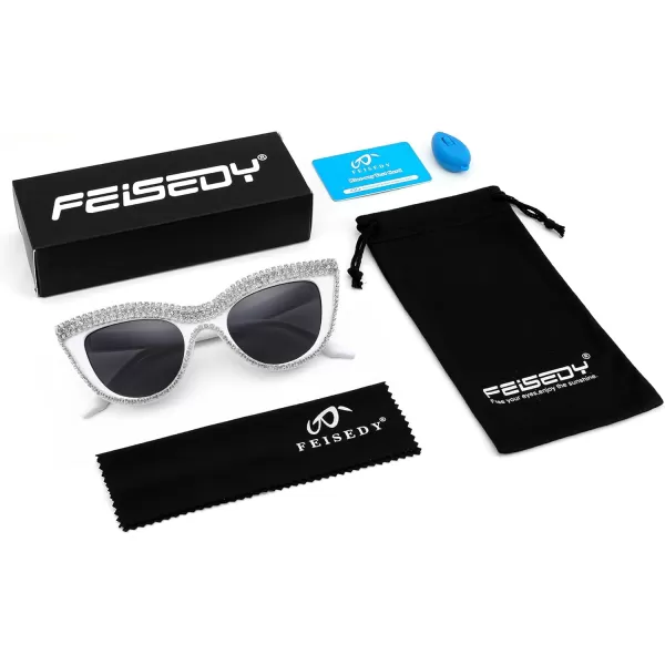 FEISEDY Women Oversized Diamond Sunglasses Fashion Cat Eye Rhinestone Sunglasses Jeweled Frame Costume Party B2360White Stripe Diamond