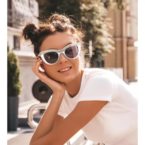 FEISEDY Women Oversized Diamond Sunglasses Fashion Cat Eye Rhinestone Sunglasses Jeweled Frame Costume Party B2360White Stripe Diamond