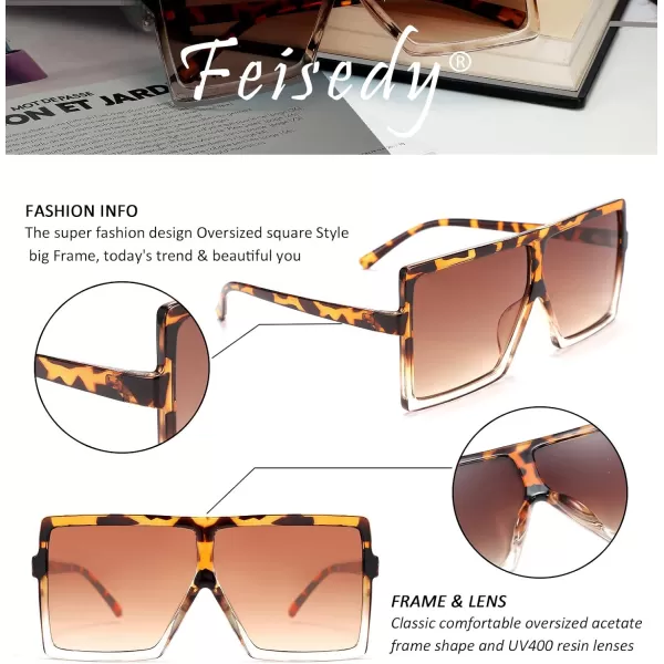 FEISEDY Women Square Oversized Sunglasses Flat Top Fashion Big Stylish Large Frame UV400 B253901 Leopard