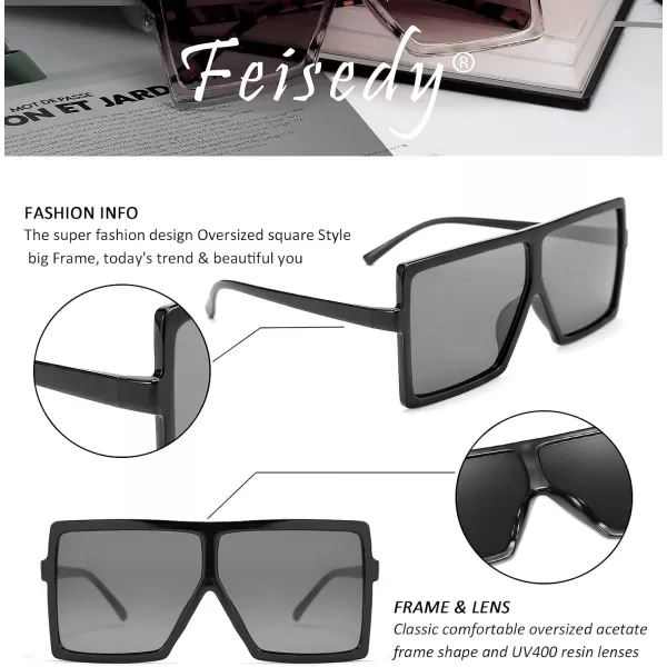 FEISEDY Women Square Oversized Sunglasses Flat Top Fashion Big Stylish Large Frame UV400 B253902 Black